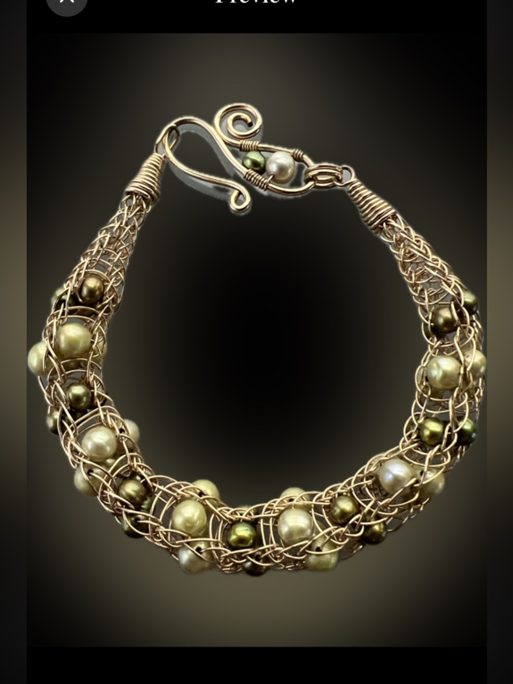 📿Bracelet Handmade Artisan Wire Crochet Mesh Green & Gold Pearls